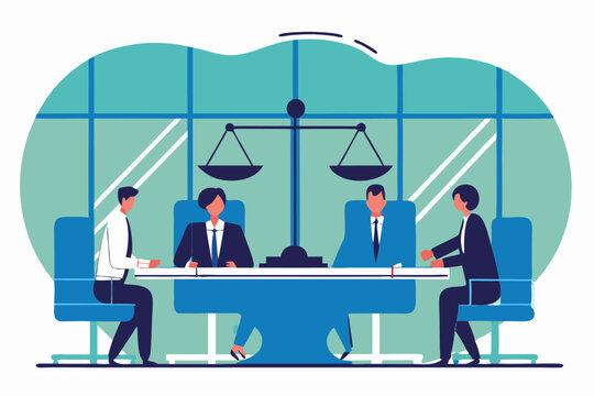 Four individuals in suits are seated around a table beneath a prominent scale of justice, likely representing a legal proceeding, negotiation, or a formal business meeting with legal implications.