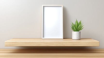 Minimalist Mockup of a White Frame Displayed on a Shelf with Plant