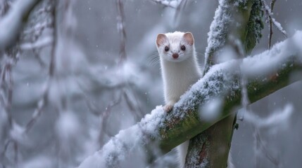 Cute White Animal on Snow-Covered Branch in Winter Forest, Captivating Wildlife Scene in Frosty Nature