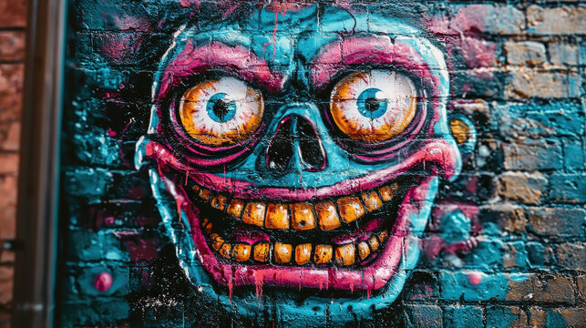 Vibrant urban graffiti featu a smiling skull with buing eyes and intense colors expressing street art on a textured brick wall for artistic expression.