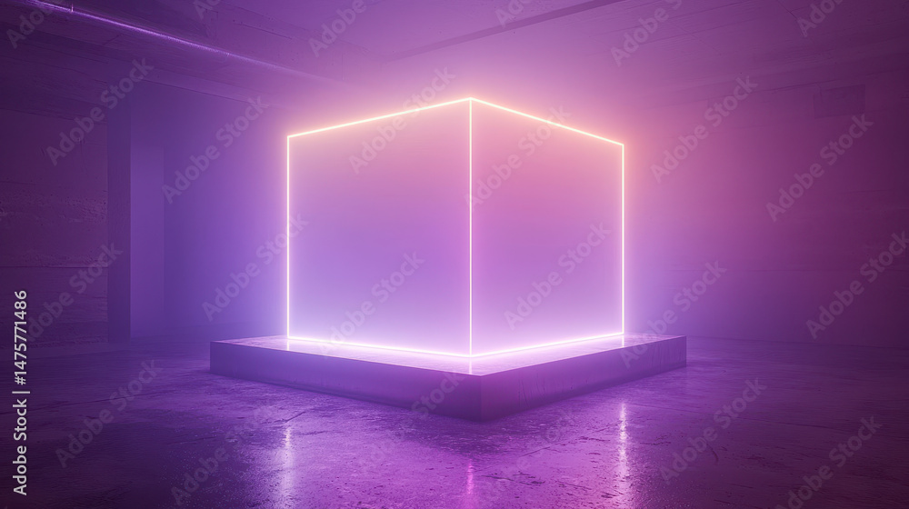 Poster a vibrant cube of colorful geometric light is projected onto a blank s, creating a mesmerizing 3d di