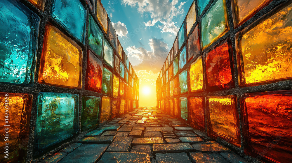 Poster a vibrant modern art installation features colorful geometric shapes bathed in sunlight, creating a 