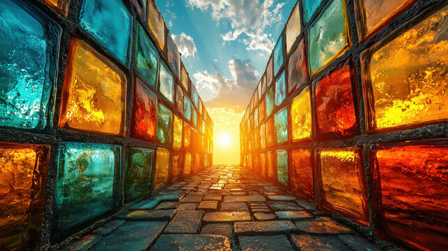 A vibrant modern art installation features colorful geometric shapes bathed in sunlight, creating a dazzling visual display that captures the beauty of abstract design. - Powered by Adobe