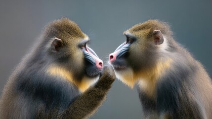 Obraz premium Intimate Encounter Between Two Mandrill Monkeys Showcasing Their Unique Facial Features and Expressions in Natural Habitat