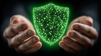 Digital Security's Embrace: A pair of hands cradles a glowing shield, symbolizing digital security and data protection in a modern, technologically driven world.