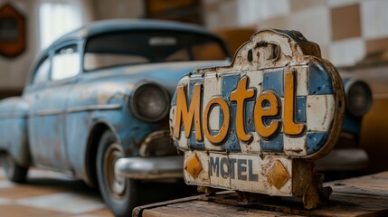 Vintage sign in front of classic car