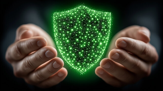 Digital Security's Embrace: A pair of hands cradles a glowing shield, symbolizing digital security and data protection in a modern, technologically driven world.