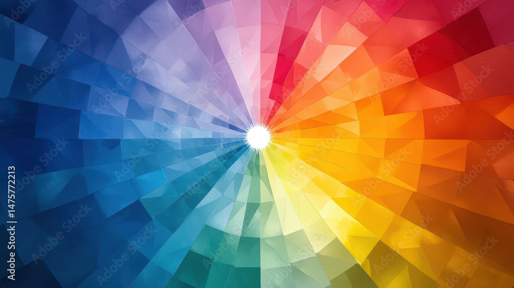 Poster a vibrant kaleidoscope of geometric shapes playfully spiral from a central point, creating a dynamic