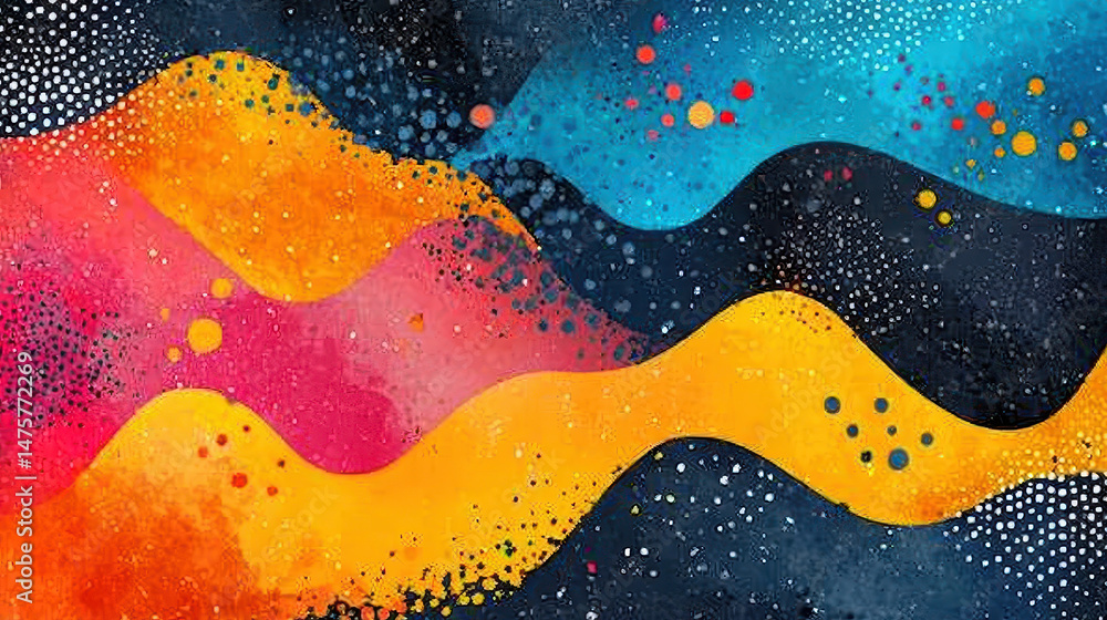 Poster abstract geometric shapes whically float in air, creating a colorful, textured artistic expression o