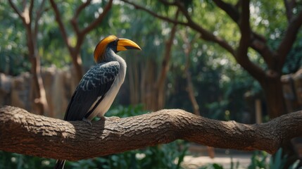 Fototapeta premium Colorful bird perched on a branch in a lush green forest with vibrant foliage and soft sunlight filtering through the trees
