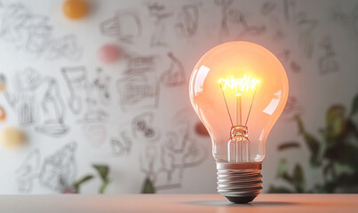 Illuminated light bulb radiating vibrant glow amidst conceptual doodle backdrop