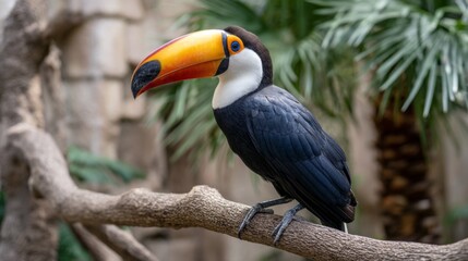 Obraz premium Colorful toucan perched on a tree branch in lush tropical setting with vibrant green foliage in the background