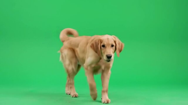 Golden Retriever Walks Slowly Isolated on Green Screen Ideal for Production Happy Calm Movement Chroma Key Animal Canine Medium Shot Studio Shot Footage