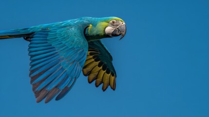 Vibrant Blue and Yellow Parrot Flying Against Clear Sky with Full Wing Span Captured in Stunning Detail and Color