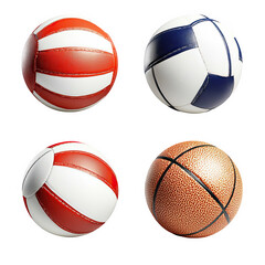 Fototapeta premium Set of Four Distinctive Sports Balls Including Volleyballs and Basketball with Textured Surfaces on Transparent Background