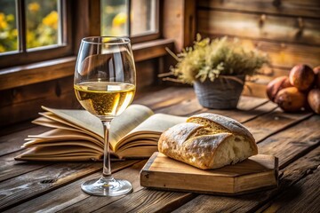 Rustic Still Life: White Wine, Open Book, & Fresh Bread