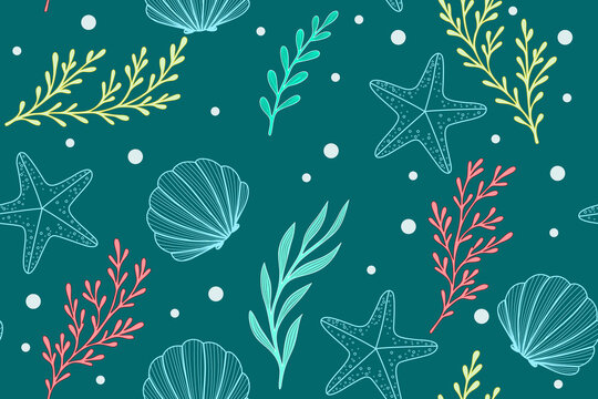 Sea life with starfish shells and coral seamless pattern for fabric background banners 