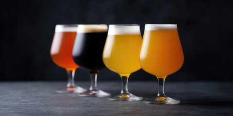 Four glasses filled with different types of beer are lined up on a dark surface. Beverage variety, tasting, drinks