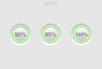 Set of round green infographic pie charts, segment of circle icons 0% - 100%, simple flat design loading data interface elements app button ui ux web, vector template 3