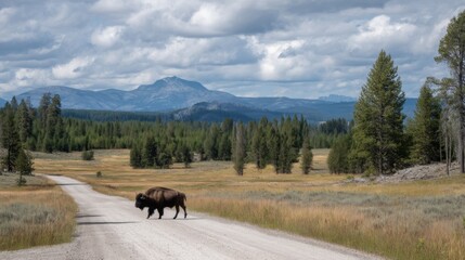 Majestic Bison Crossing a Gravel Road in a Scenic Landscape with Mountains and Lush Green Forests Under Dramatic Clouds