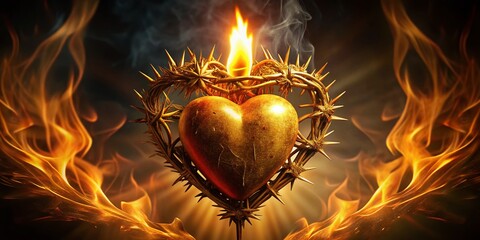 Sacred Heart of Jesus, Night Photography, Divine Light, Thorns, Flames