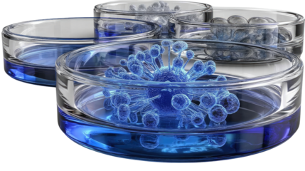 Microscopic Universe in Petri Dishes: A captivating shot of blue virus models inside transparent petri dishes, representing scientific exploration and the microscopic realm.