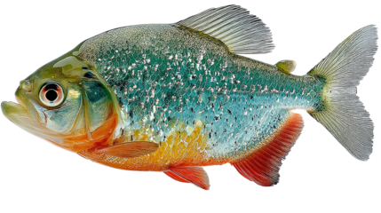 Red-bellied Piranha Close-Up: A vibrant red-bellied piranha with sharp teeth and a green-tinged body, a fascinating glimpse into the underwater world.