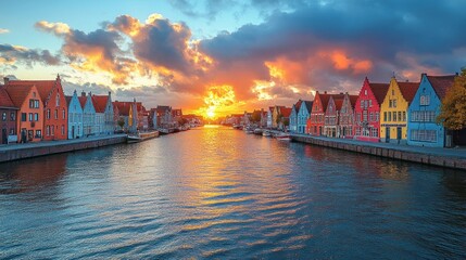 Fototapeta premium Sunset over Colorful Canal Houses in Bruges, Belgium