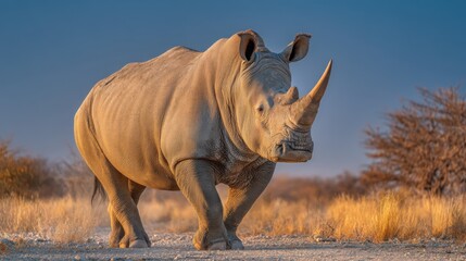 Fototapeta premium Majestic White Rhinoceros Walking Through Golden Grassland in Evening Light with Clear Blue Skies in Background