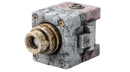 Industrial Cubic Component: A close-up, photorealistic shot reveals an intricately crafted industrial component. Showcasing precision engineering.