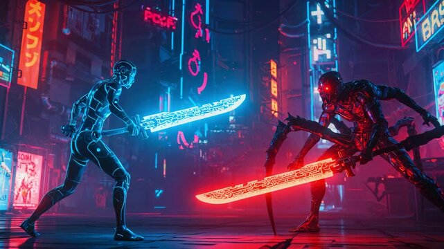 Futuristic duel between a robotic warrior with a blue sword and a menacing creature with a red sword in a neon-lit cyberpunk city, showcasing vibrant signs and a dynamic urban atmosphere