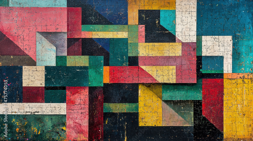 Poster colorful geometric patterns create a fun and engaging puzzle design, using abstract shapes and vibra