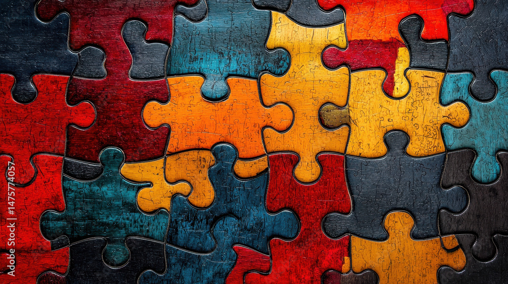 Poster vibrant geometric puzzle pieces interlock, creating an engaging and fun colorful pattern, perfect fo