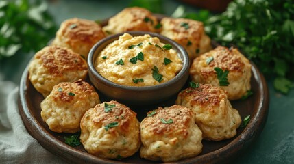 Fototapeta premium Stack of dumplings on a rustic plate with cheese dip in center