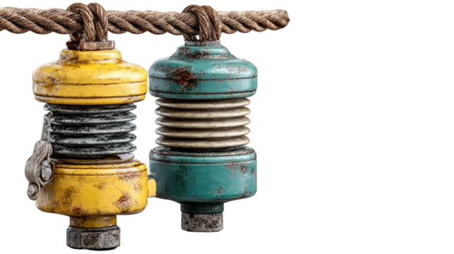 Industrial Pulleys: Detailed, close-up view of two industrial pulleys suspended from a sturdy rope, demonstrating the mechanics of lifting and load bearing