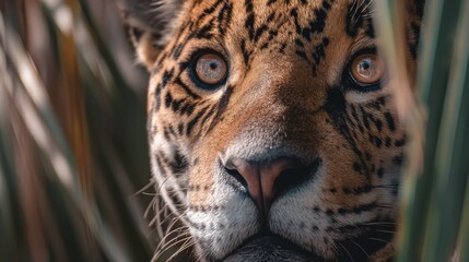 Naklejka premium Intense Close-Up of a Jaguar Hiding Among Green Foliage in a Natural Habitat, Capturing the Essence of Wild Nature