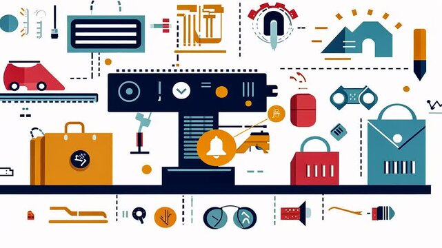 Colorful illustration of a sewing machine surrounded by various tools and objects in a creative workspace