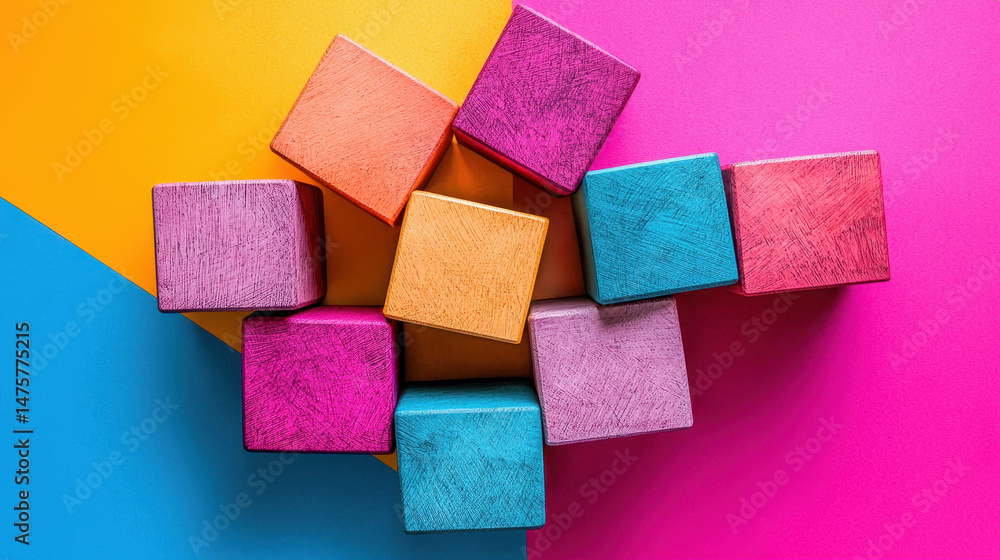 Poster creatively stacked colorful geometric building blocks form an abstract pattern against vibrant backg
