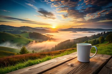 Serene Landscape with Simple White Mug: Peaceful Countryside Dawn Stock Photo