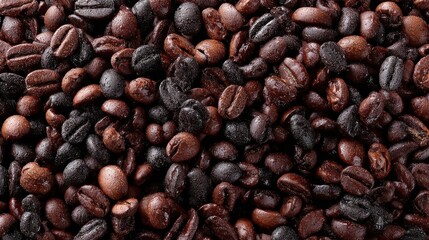 An overhead close-up shot features a beautiful heap of freshly roasted aromatic coffee beans ready to brew.