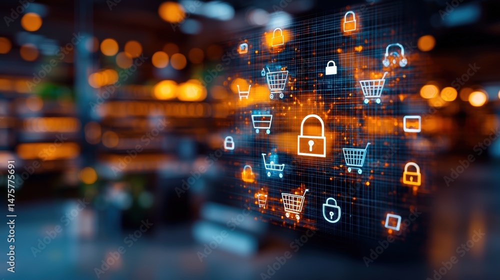 Poster digital shopping cart icons with locks overlayed in a store showing secure online transaction concep