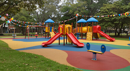 Festive playground with slides swings