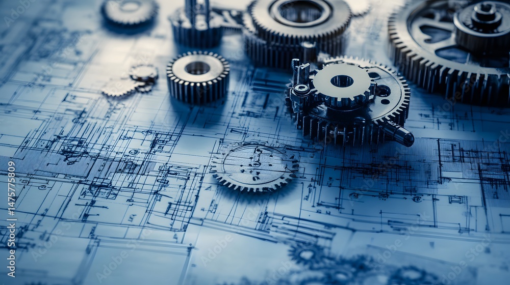 Poster the image is a blue and white design of gears and wheels. the gears are arranged in a pattern, with 