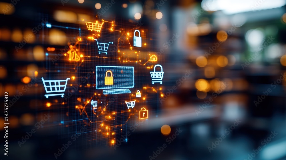 Aufkleber secure online shopping with digital padlock on screen and network connection and shopping carts icon