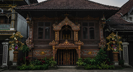 Fototapeta premium Intricately decorated Balinese house facade