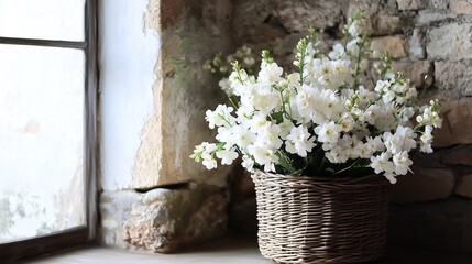 Fresh white flowers arranged rustic wicker basket placed front of a rough stone wall natural decor soft light filtering through a window minimalist elegance 