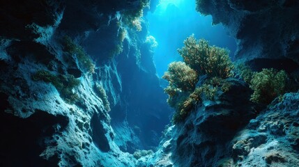 Fototapeta premium Sunlight filters down into an underwater cave with lush vegetation clinging to the rugged rocky walls here now.