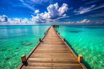 Obraz premium Serene Turquoise Ocean: Wooden Pier Extending into Crystal Clear Water Under Vibrant Blue Sky