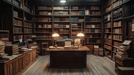 Obraz premium Dimly lit law archive room with aged case files vintage reading lamps wooden shelves