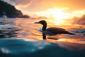 Silhouette of a bird swimming against a vibrant sunset over the water surface